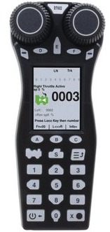 A black Digitrax DT602D Advanced Duplex Super Throttle with a color 2.4” LCD display screen, numeric keypad, and various function buttons.