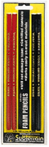 A set of four foam pencils in red and black colors, with yellow and black labels, packaged in a blister pack.