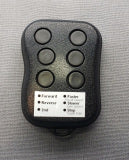 A black radio control transmitter for toy trains with multiple control buttons and a label indicating the brand and model.