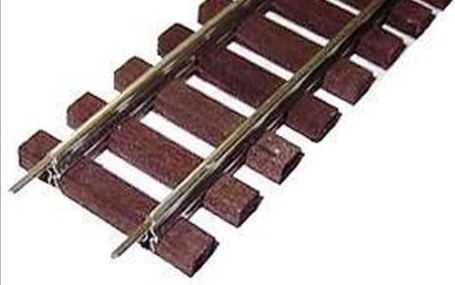 Stainless steel wood tie sectional track for model trains.