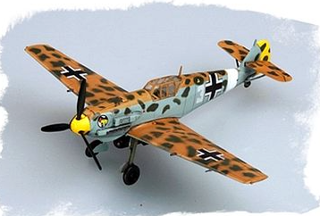 A 1/72 scale model kit of the BF109E4 TROP aircraft by Hobby Boss, featuring a camouflage design and German insignia.