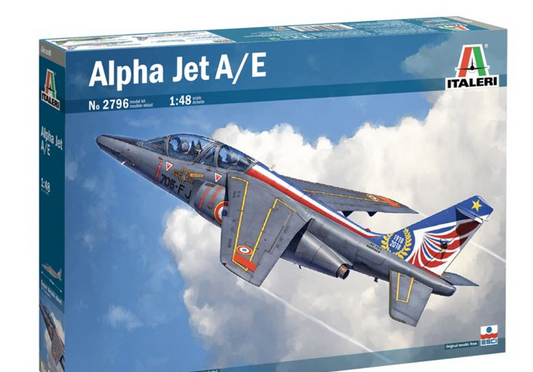 Boxed model of the Italeri Alpha Jet A/E with the aircraft depicted on the cover, accompanied by a color instructions sheet and super decals for three versions.