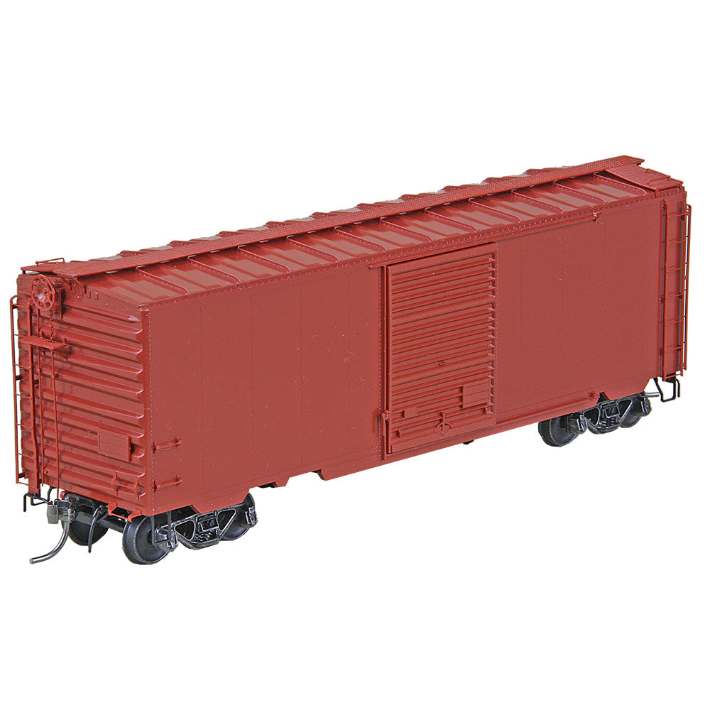 An oxide red Kadee 5199 HO Scale model of a 40' PS-1 boxcar with a Youngstown door, depicting a side profile of the train car.