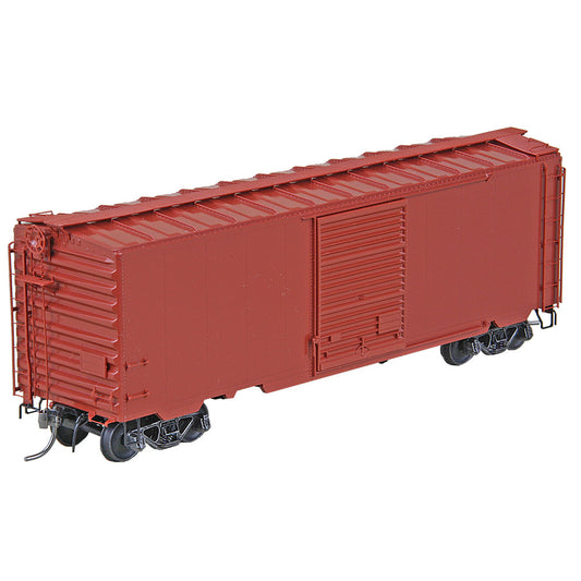 An oxide red Kadee 5199 HO Scale model of a 40' PS-1 boxcar with a Youngstown door, depicting a side profile of the train car.