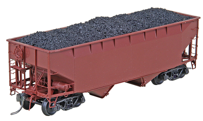 HO Scale model of a red 50 ton AAR standard open bay hopper with wine latches.