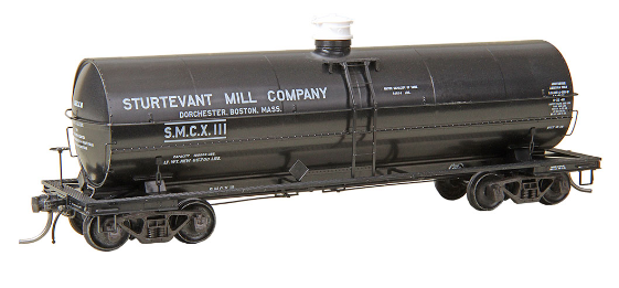 Black insulated tank car model with the text 'Sturtevant Mill Co. SMCX #111' and 'Boston South Boston' on the side.