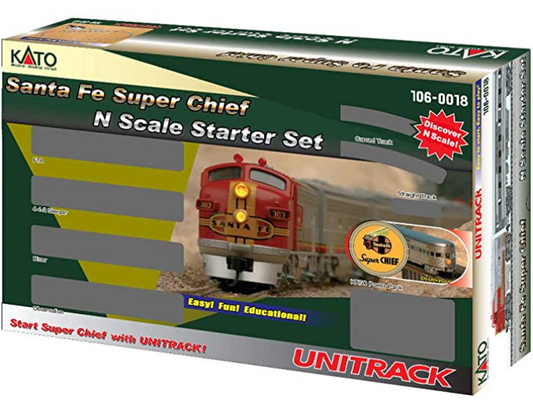 Packaging for Kato 1060018 at&SF Super Chief RTR Starter Set, displaying the train components and the box car labeling.