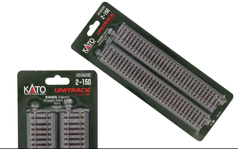 Packaging for KATO model train tracks showing the product name and quantity, with a green and white color scheme.