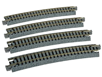 Four pieces of model train track curved in a 19 radius 15 degree curve on a white background.