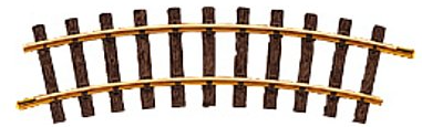 A piece of LGB 11000 Curved Track, R1, with a 30 degree angle, made of brass, intended for use in toy train sets.