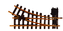 Manual switch for model trains, featuring a right curve and a brown color scheme.