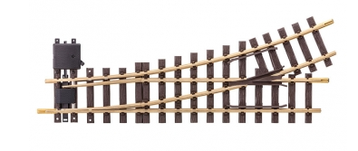 A model train manual turnout with a straight side and a curved track branching to the right, made of wood and plastic.