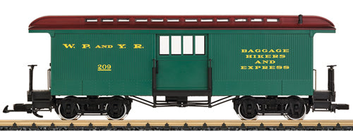G Scale Baggage Car model for the White Pass & Yukon Route with metal wheel sets and opened doors revealing interior details.