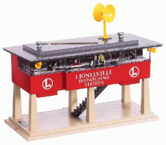 LIONEL branded sound dispatch station for model trains with a red molded plastic body, featuring a microphone and speaker, set on a small platform.