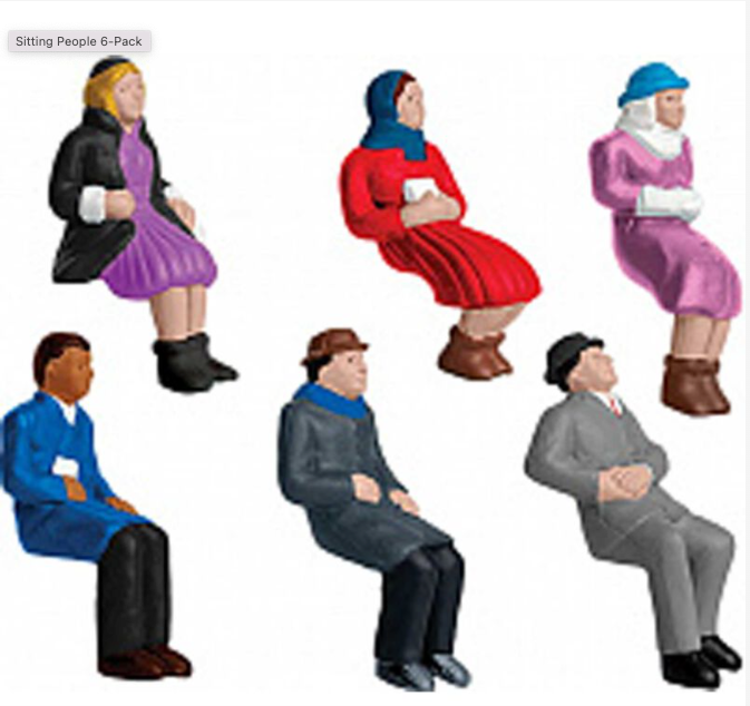 A set of six miniature figures designed for toy trains, depicting various seated people in different outfits.
