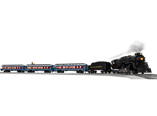 A set of model trains including a black steam locomotive with smoke, multicolored passenger cars, and blue sky visible through the windows.