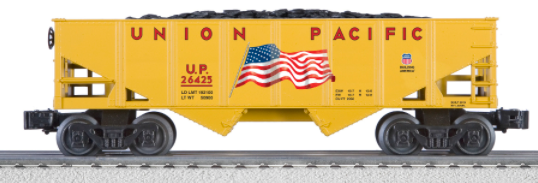 Lionel 26425 UP Hopper toy train car with a removable coal insert, decorated with an American flag pattern.