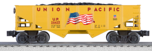 Lionel 26425 UP Hopper toy train car with a removable coal insert, decorated with an American flag pattern.