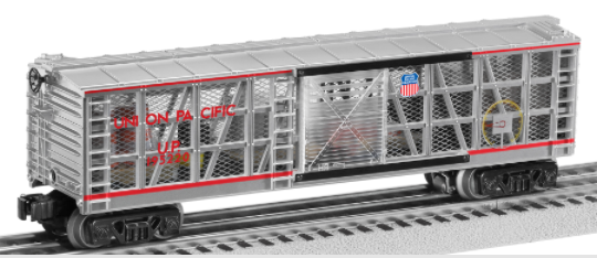 A toy model of a Union Pacific transparent instruction car with die-cast metal sprung trucks and opening doors, set on tracks.