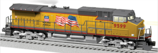 A toy model of a Union Pacific Legacy Scale Dash 9-44CW diesel locomotive, predominantly yellow with gray and red accents, featuring a U.S.
