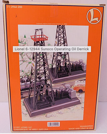 Lionel 6-12944 Sunoco Operating Oil Derrick, metal toy train accessory with a walking beam and oil tube, packaged in an orange box.