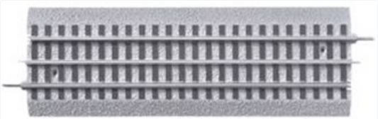 A 10-inch straight track piece for a toy train set, predominantly gray in color.