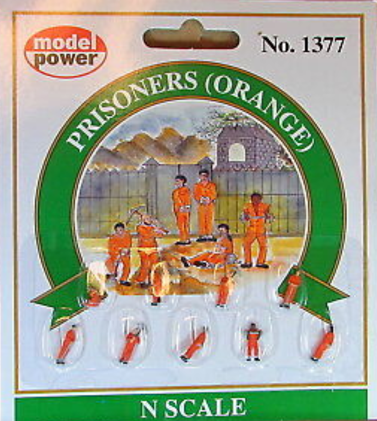The image shows a package of Model Power brand N scale people, featuring orange-colored prison inmate figures. The package indicates the product number is 1377.