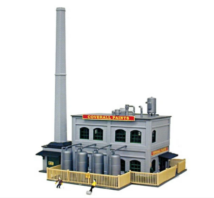 An N scale model of a Coverall Paints facility with two hand-painted figures in front.