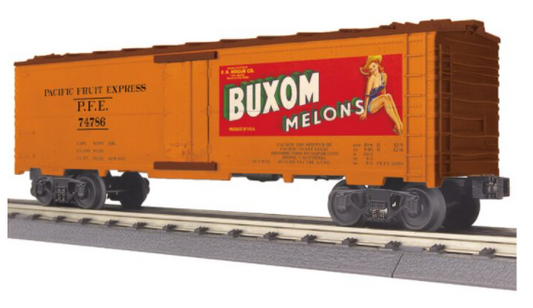 An O scale model train representing a modern reefer car with 'Buxom Melons' branding in orange and white colors, including realistic details like opening doors and decorative brake wheels.