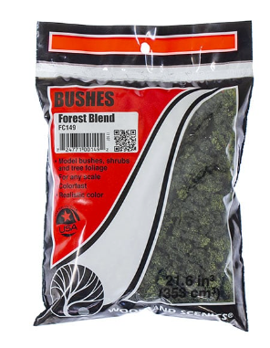 A package of Woodland Scenics FC149 Forest Blend Bushes, material for making bushes for model train sets.