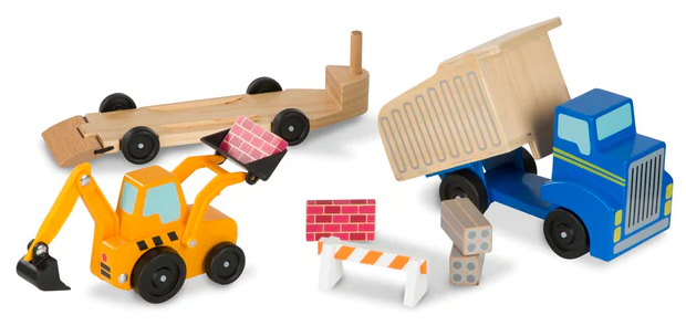 A set of wooden toy vehicles including a dump truck and a loader, with construction cones and bricks.