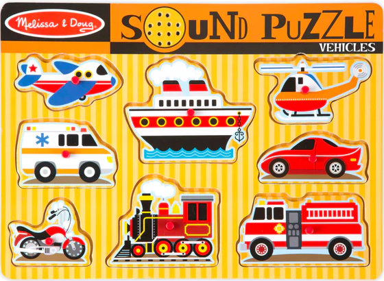 An 8-piece wooden peg sound puzzle for children, featuring vehicle images, designed by Melissa & Doug.