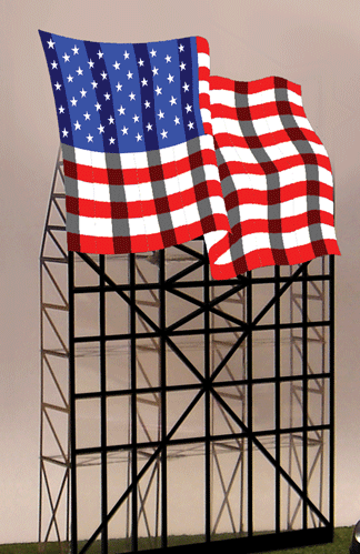 A model with a large animated American flag displayed on top of a building.