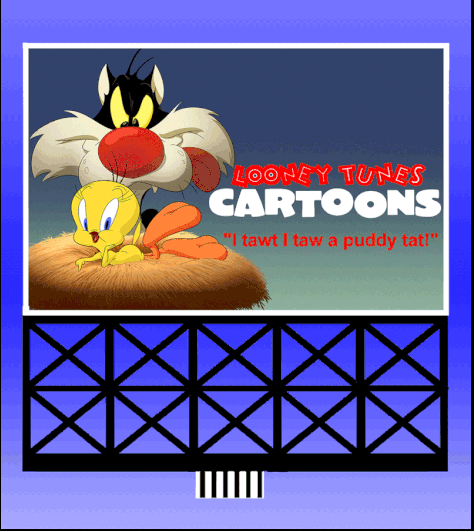 A promotional image featuring a Looney Tunes animated sign with cartoon characters, specifically Bugs Bunny and Yosemite Sam, with a background suggesting a cartoon style landscape.