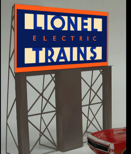 A model roadside billboard with the text 'Lionel Electric Trains' in orange, blue, and navy colors, mounted on a gray stand.