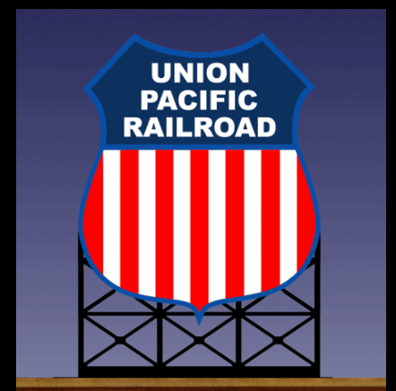 Animated billboard with the Union Pacific Railroad logo, featuring a shield with stripes in red and white, and a blue Union Pacific emblem on a blue background.