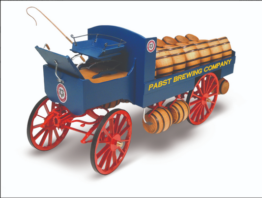 A 1:12 scale model of a blue and red beer wagon with 'Pabst Brewing Company' branding, made using various materials like basswood, plywood, cast metal, and brass fittings.