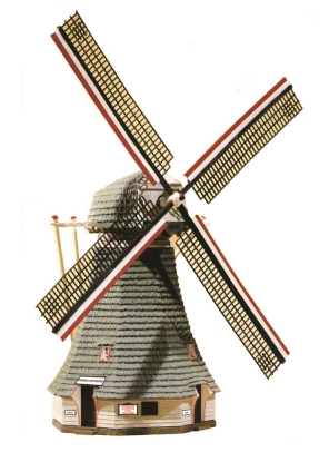 A motorized HO scale model of a windmill with a house, featuring a gray body with black and red accents.