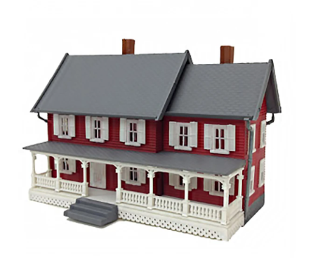 A model of Stevenson's house with a red and white exterior and a gray roof, built to HO scale with two figures included.