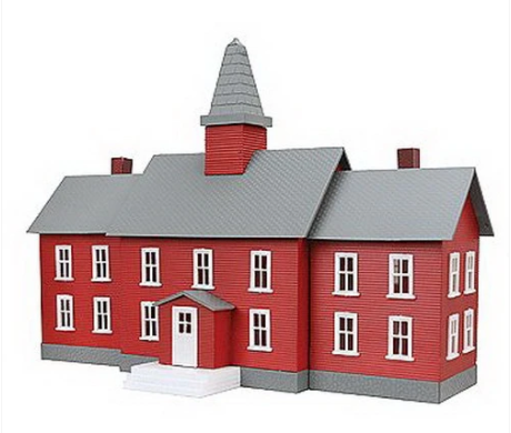 A model of a red school house with a gray roof, featuring handpainted working figures in action poses.