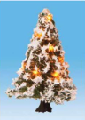 An illuminated, miniature Christmas tree with LED lights, depicted against a blue sky background.