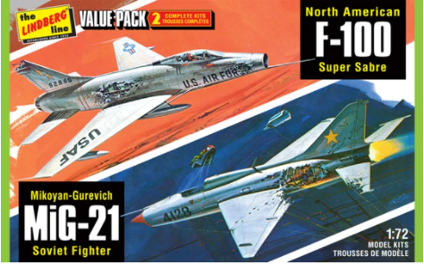 The image features the cover of a 1/72 Scale model kit packaging, depicting illustrations of the North American F-100 Super Sabre and Mikoyan-Gurevich MiG-21 Soviet Fighter in flight. The background is a bold red and orange, with the text 'NORTH AMERICAN F-100 SUPER SABRE / MIKOYAN-GUREVICH MIG-21 SOVIET FIGHTER' along with the Lindberg brand logo at the bottom.