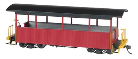 Bachmann 26004 On30 excursion car in burgundy color with a black roof, designed for model railroading.