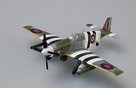 A 1/72 scale model of a P-51C 'Mustang' fighter plane, predominantly gray with black and red accents, wheels down, on a gray background.