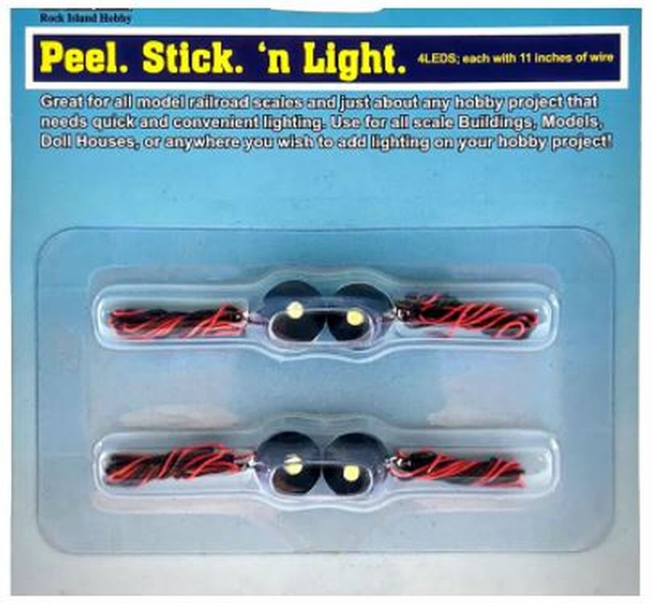 Four LED Peel, Stick, 'n Light LED lights in packaging, designed for use with model trains and other hobby models, showing two-sided tape for attachment.
