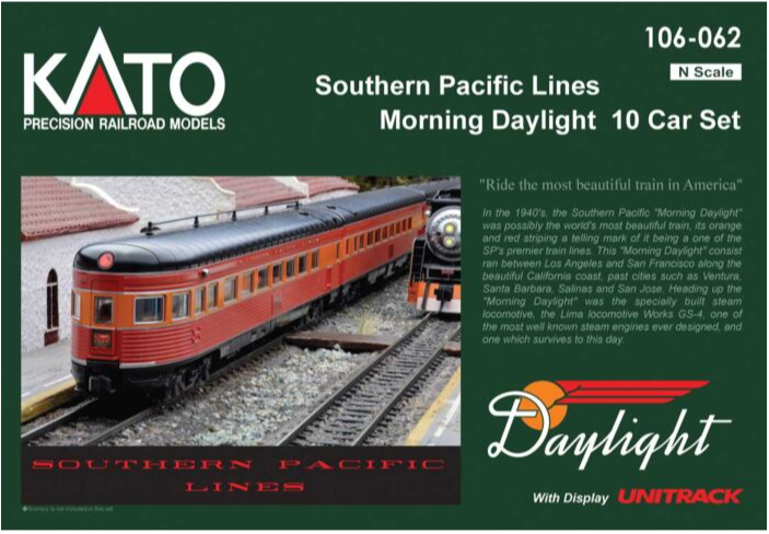 Kato 1060631 Morning Daylight Streamlined 10-Car Set with Interior Lights - Ready to Run -- Southern Pacific (1940 As-Delivered, red, orange, black, Lines Lettering)