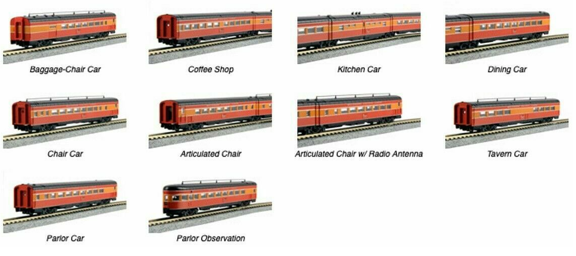 Kato 1060631 Morning Daylight Streamlined 10-Car Set with Interior Lights - Ready to Run -- Southern Pacific (1940 As-Delivered, red, orange, black, Lines Lettering)