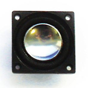A 23mm square mega bass speaker, predominantly black in color, with a central shiny metallic part likely the speaker cone.
