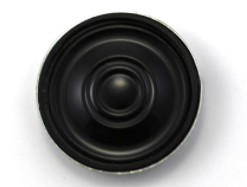 A black, round, 28mm diameter speaker for model trains.