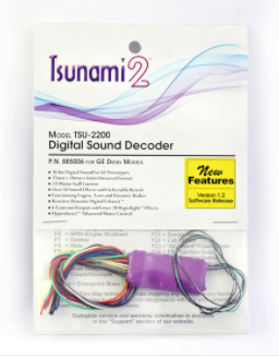 Packaging for the Soundraxx Tsunami 2 digital sound decoder, featuring the product with wires and an illustration of a model train.